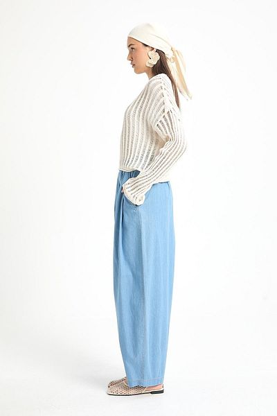 minaaise Light Blue Oversize Cut Elastic Denim Trousers 29274