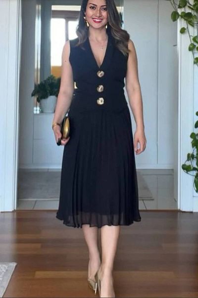 Moda Amore Premium Women's Evening Dress - Pi̇li̇si̇led Gold Button Detail Jacket Collar 420