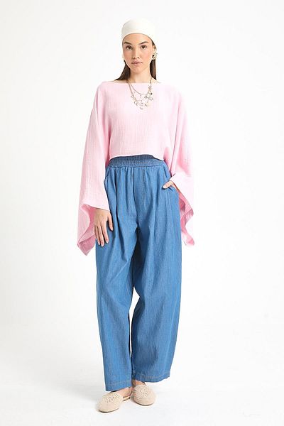 minaaise Dark Blue Oversize Cut Elastic Denim Trousers 29274
