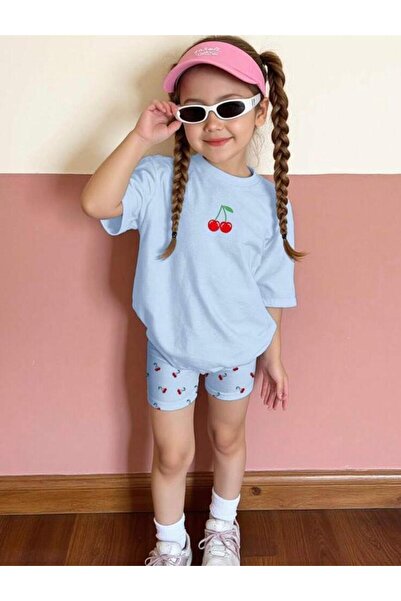 BYMEER Синій комплект для дівчаток з принтом вишні, шорти та верхній одяг