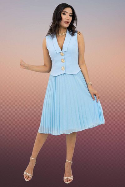 Moda Amore Premium Women's Evening Dress - Pi̇li̇si̇led Gold Button Detail Jacket Collar 420