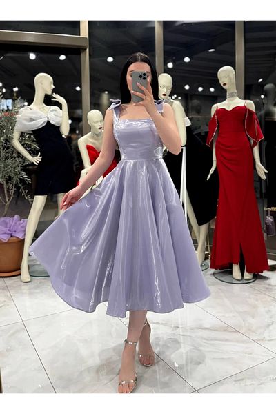 Zoe Zoe Wrap Strap Bow Detailed Backless Midi Length Shiny Evening Dress