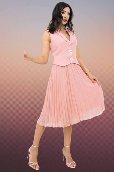 Moda Amore Premium Women's Evening Dress - Pi̇li̇si̇led Gold Button Detail Jacket Collar 420