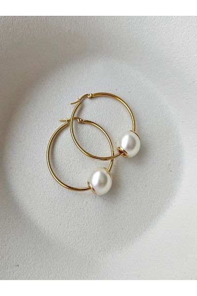 mos&more Gold Hoop Women's Earrings with Stainless Steel Pearl