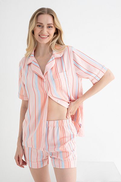 DOFİ Women's Pink Satin Shorts Set – Vertical Stripes, Button Closure, Pockets and Ruffles Design