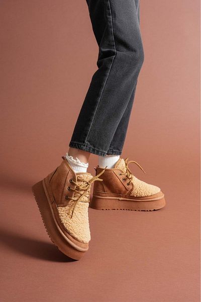 Esilapark Teddy Women's Thick Sole Cream Fur Inside Original Suede Boots
