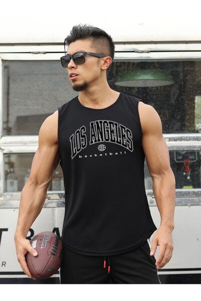 LAYORA Men's Black Sports Singlet - Los Angeles Written, Fitness and Basketball Singlet
