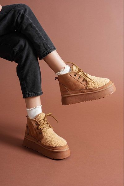 Esilapark Teddy Women's Thick Sole Cream Fur Inside Original Suede Boots