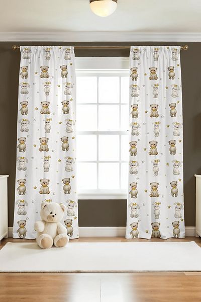 EVPANYA Gold Bow Bear and Rabbit Patterned Children's Baby Room Background Curtain (Single Wing Pricing)