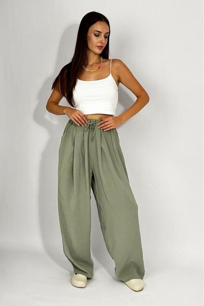 Betimoda Women's Woven Modal Elastic Waist Wide Leg Pocket Drawstring Palazzo Trousers Green