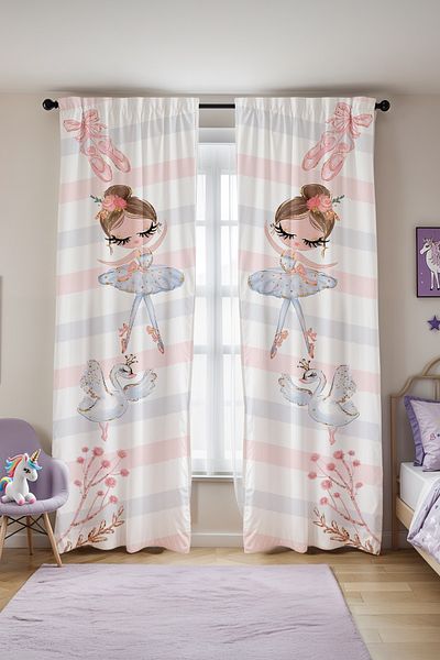 EVPANYA Golden Swan and Ballerina Patterned Children's Baby Room Background Curtain (Single Wing Pricing)