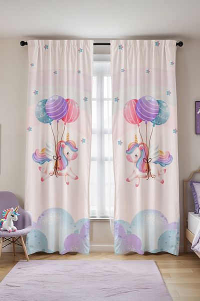 EVPANYA Cortina de fundal pentru camera bebelușului pentru copii cu model unicorn care zboară cu balon (preț cu o singură aripă)