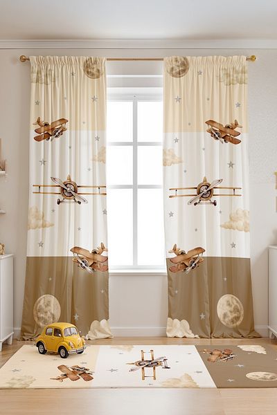 EVPANYA Striped Planes Patterned Children's Baby Room Background Curtain (Single Wing Pricing)