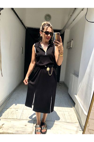 Gözde Tasarım Butik Women's Black Color Collar Half Zipper Midi Length Slit Modal Dress