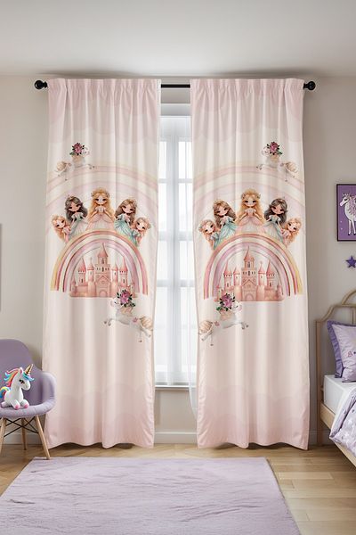 EVPANYA Pink Castle Princesses Patterned Children's Baby Room Background Curtain (Single Wing Pricing)