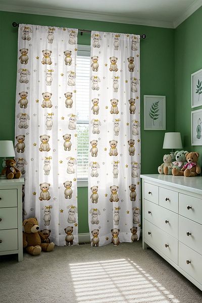 EVPANYA Gold Bow Bear and Rabbit Patterned Children's Baby Room Background Curtain (Single Wing Pricing)