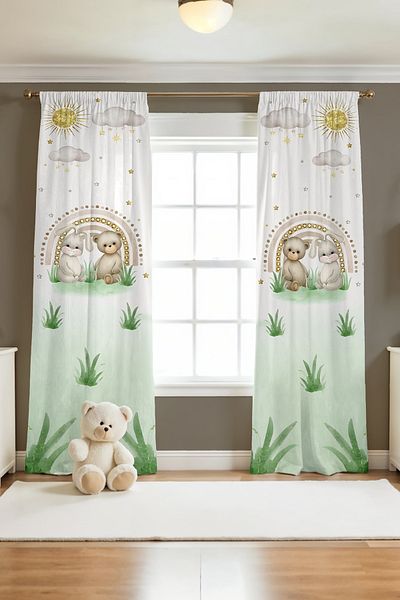 EVPANYA Rainbow Bear and Rabbit Brother Patterned Children's Baby Room Background Curtain (Single Wing Pricing)
