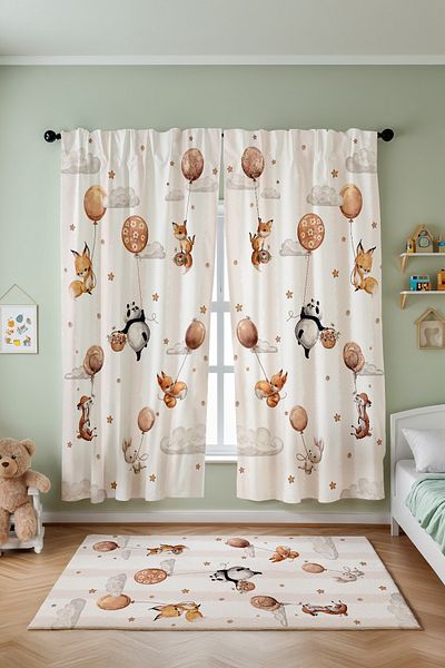 EVPANYA Animals with Flying Balloons Patterned Children's Baby Room Background Curtain (Single Wing Pricing)