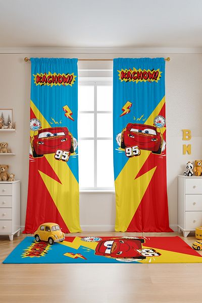 EVPANYA Blue Red Mcqueen Patterned Children's Baby Room Background Curtain (Single Wing Pricing)