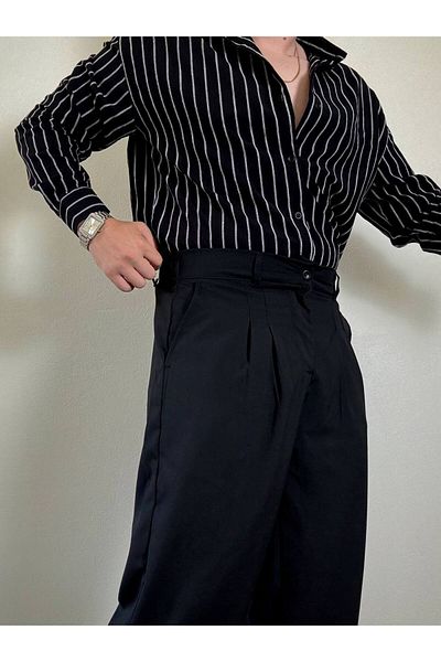 Arvens Men's Black High Waist Pleated Fabric Trousers Modern Button Stylish and Suitable for Daily Wear