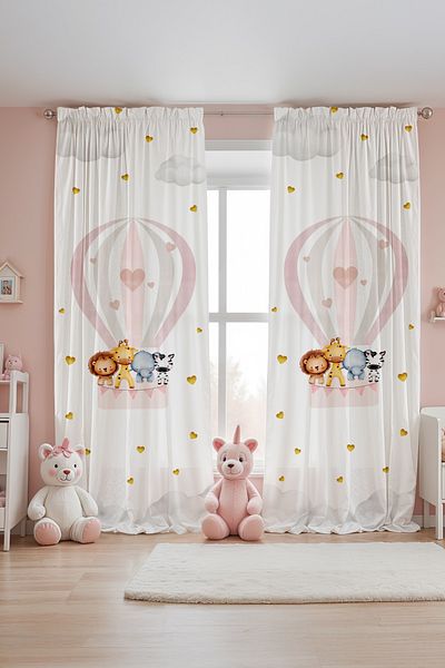 EVPANYA Pink Balloon Flying Animals Patterned Children's Baby Room Background Curtain (Single Wing Pricing)