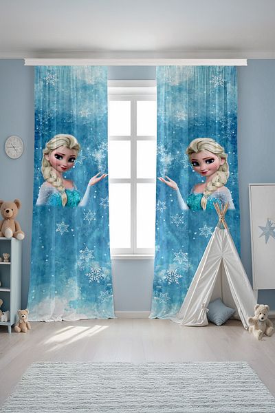 EVPANYA Cardaneli Blue Elsa Patterned Children's Baby Room Background Curtain (Single Wing Pricing)