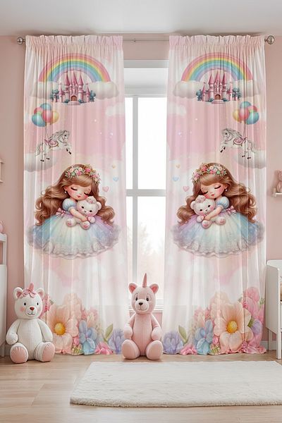 EVPANYA Princess Patterned Children's Baby Room Background Curtain with Teddy Bear (Single Wing Pricing)