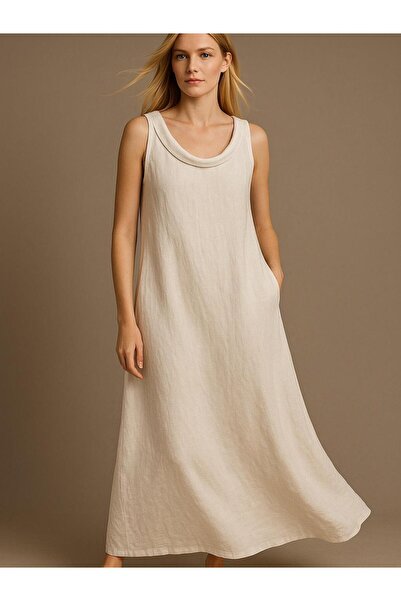 Butik İtalyan Yaka Detaylı Keten Elbise - BEYAZ