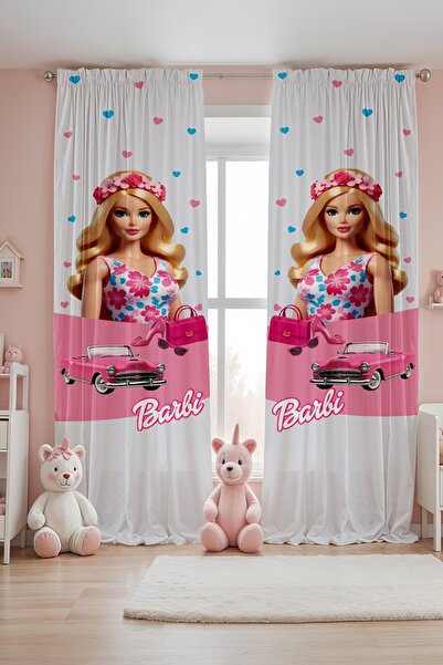 EVPANYA Pembe Arabalı Barbi Desenli Çocuk Bebek Odası Fon Perde (Tek Kanat Fiyatlandırma)