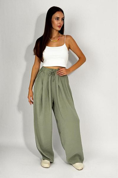 Betimoda Women's Woven Modal Elastic Waist Wide Leg Pocket Drawstring Palazzo Trousers Green
