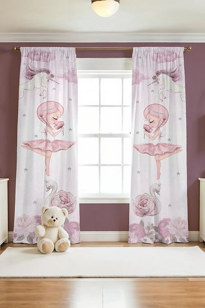 EVPANYA Silver Crowned Ballerina Patterned Children's Baby Room Background Curtain (Single Wing Pricing)