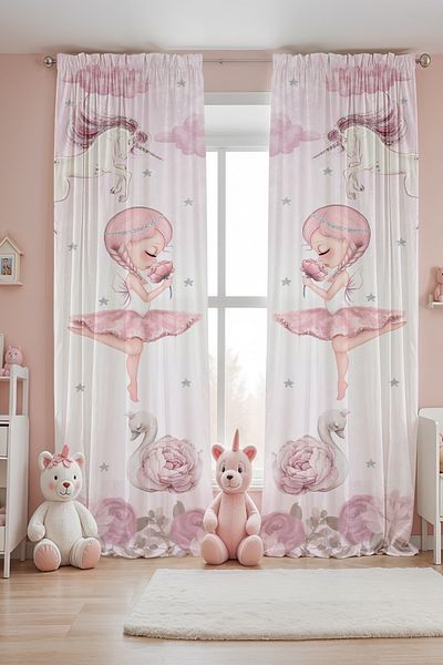 EVPANYA Silver Crowned Ballerina Patterned Children's Baby Room Background Curtain (Single Wing Pricing)