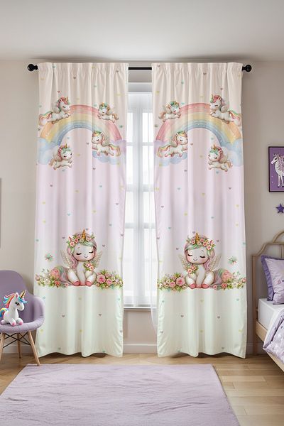 EVPANYA Flower Crowned Unicorns Princesses Patterned Children's Baby Room Background Curtain (Single Wing Pricing)