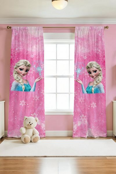 EVPANYA Snow Crystal Pink Elsa Patterned Children's Baby Room Background Curtain (Single Wing Pricing)