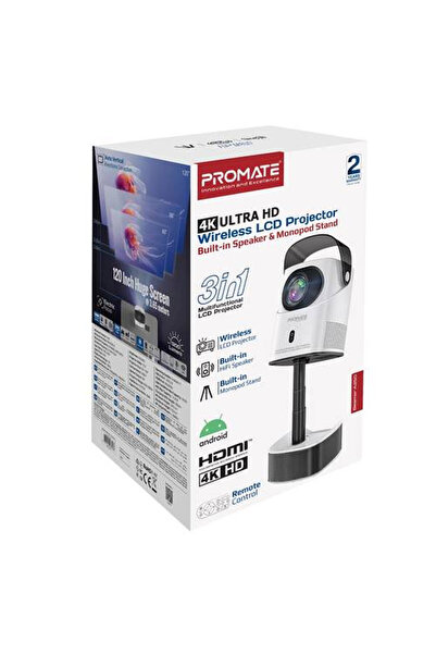 Promate 4K Ultra HD LCD Projector, 250 ANSI Lumens Brightness, Adjustable Telescopic Stand, Built-in Speaker