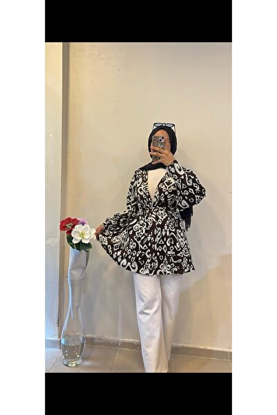 DİLEKBUTİK Καφέ λευκό κιμονό με κουρτίνα