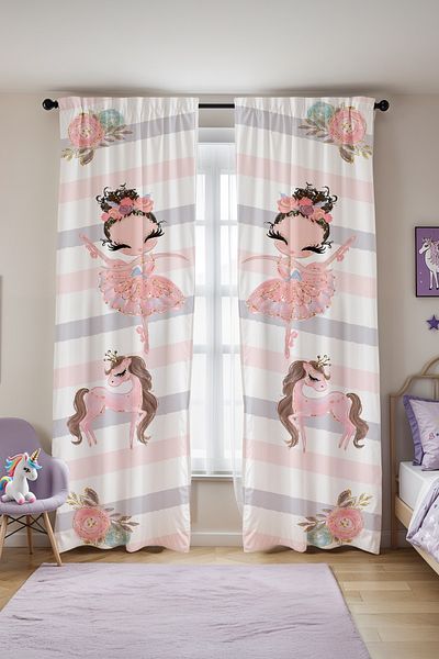EVPANYA Unicorn Horse and Ballerina Patterned Children's Baby Room Background Curtain (Single Wing Pricing)