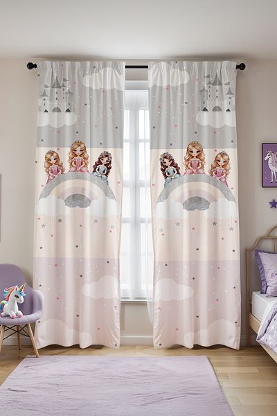 EVPANYA Gray Rainbow Princesses Patterned Children's Baby Room Background Curtain (Single Wing Pricing)