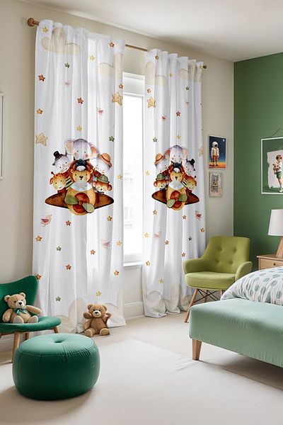 EVPANYA Airplane Safari Animals Patterned Children's Baby Room Background Curtain (Single Wing Pricing)