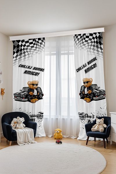 EVPANYA Cart Bear Teddy Patterned Children's Baby Room Background Curtain (Single Wing Pricing)