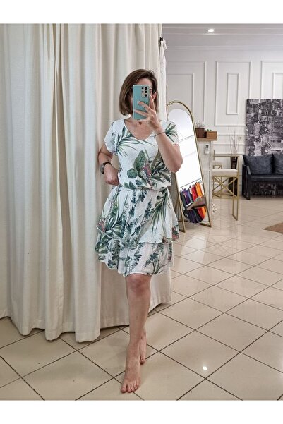 pudubutik Cotton Patterned Short Sleeve Dress White Italian