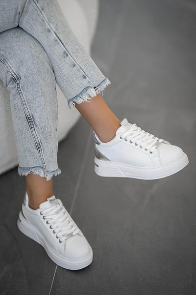 Parponi Carol Women's Leather Thick Sole Lace-Up Sneakers White Silver