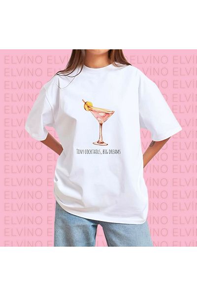 Elvino Cocktail Printed Crew Neck Cotton White Women'S/Men's Unisex Oversize Tshirt