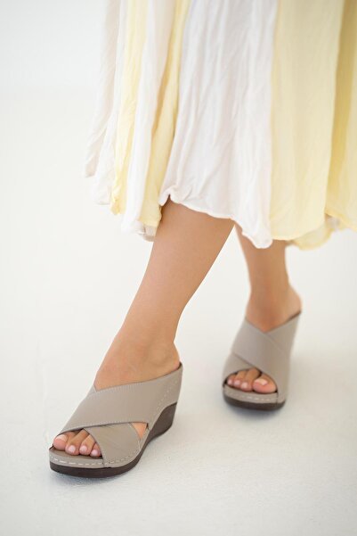 Parponi Ferny Women's Wedge Heeled Genuine Leather Slippers Mink