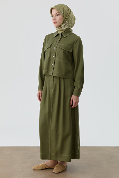 Tuğba Dikiş Detaylı Etekli Gömlek Takım - Haki