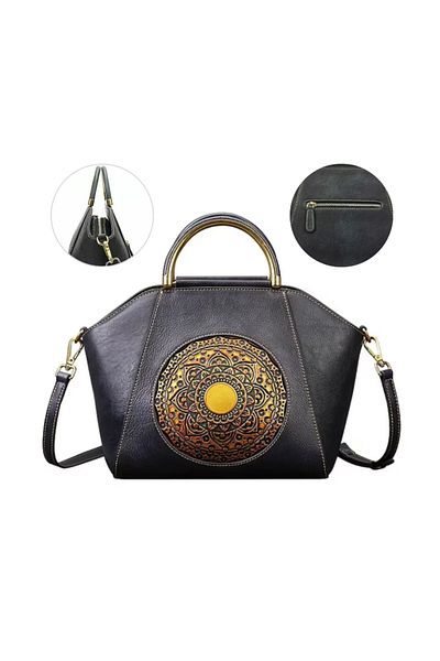 Boutique Women's Medium Size Deluxe Bag, Natural Leather, Elegant, Embossed Pattern, Graphite Gray