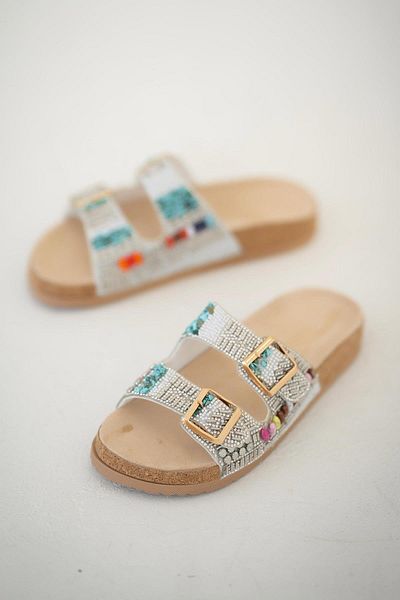 Parponi Papuci de damă Velora Stone Buckle, albi
