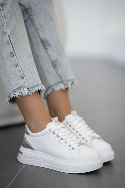 Parponi Carol Women's Leather Thick Sole Lace-Up Sneakers White Silver