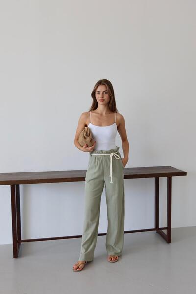Jeevee Khaki Crinkle Fabric Lace-Up Summer Trousers