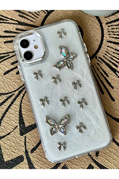 Go Aksesuar iPhone 12 and 12 Pro Compatible Metal Butterfly Design Flexible Silicone Case with Toy
